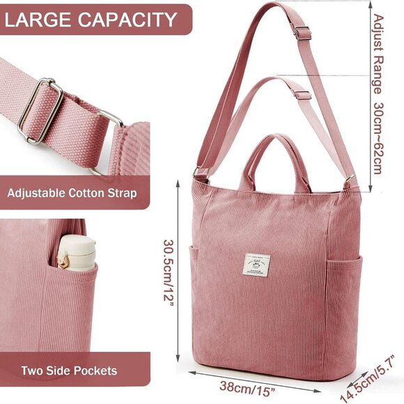 Corduroy Tote Bag, Large Messenger Bag Shoulder Hobo Anti Splash Crossbody Zippe - Picture 5 of 9